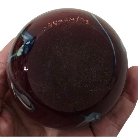 3" Dark Red Paperweight Art Glass Sphere Silver Abstract Signed J Bryon - Picture 7 of 10